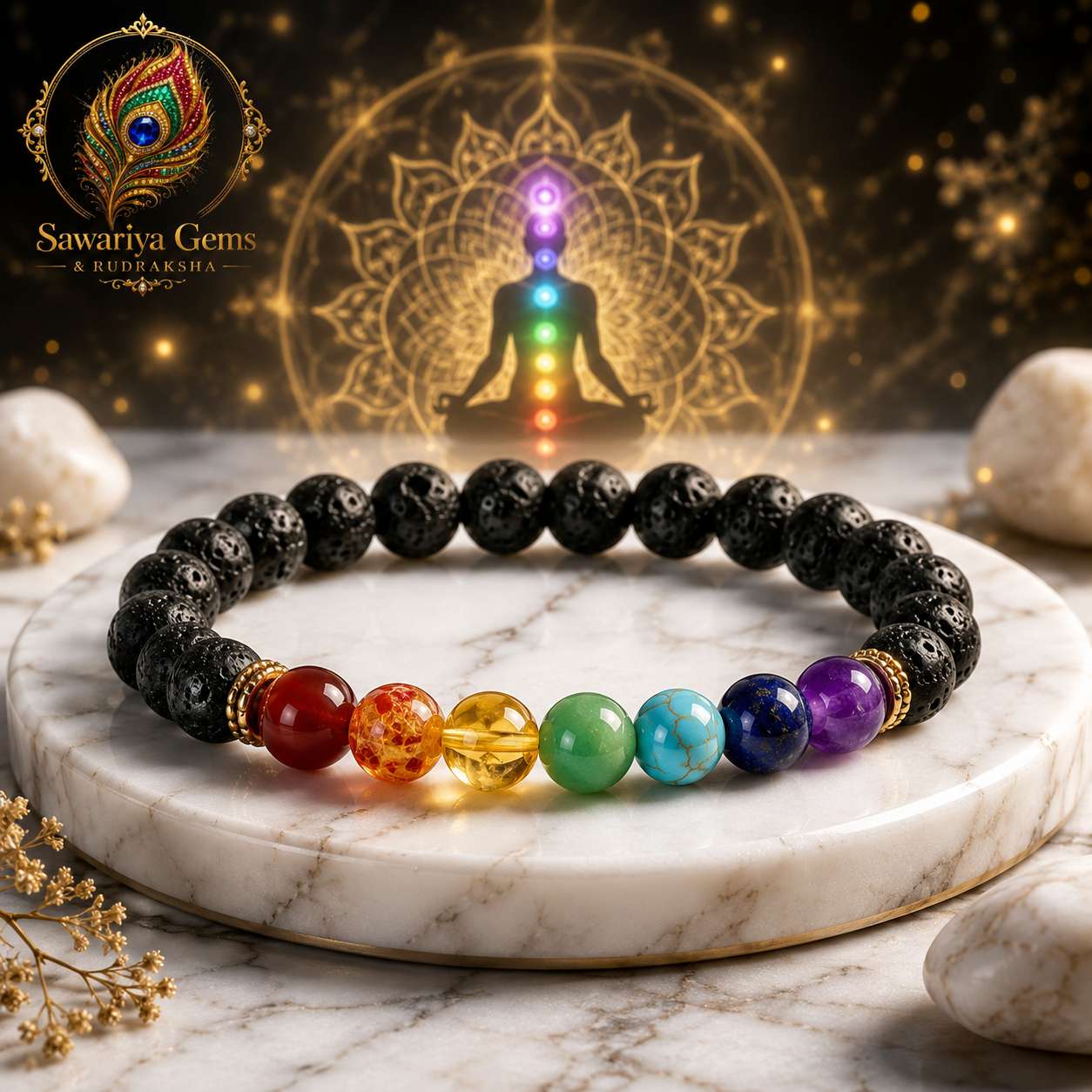 7-chakra-bracelet Natural 7 Chakra BraceleNatural 7 Chakra Bracelet on white marble with chakra meditation energy for healing, balance and spiritual wellness.t with lava stone and seven gemstone beads on white marble by Sawariya Gems for chakra balance.