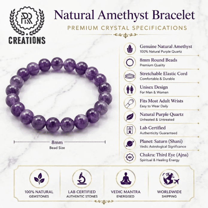 Untitled-design-(10) (1) Natural Amethyst Bracelet specifications featuring 8mm beads, stretchable cord, lab certified, Shani gemstone and Third Eye Chakra support