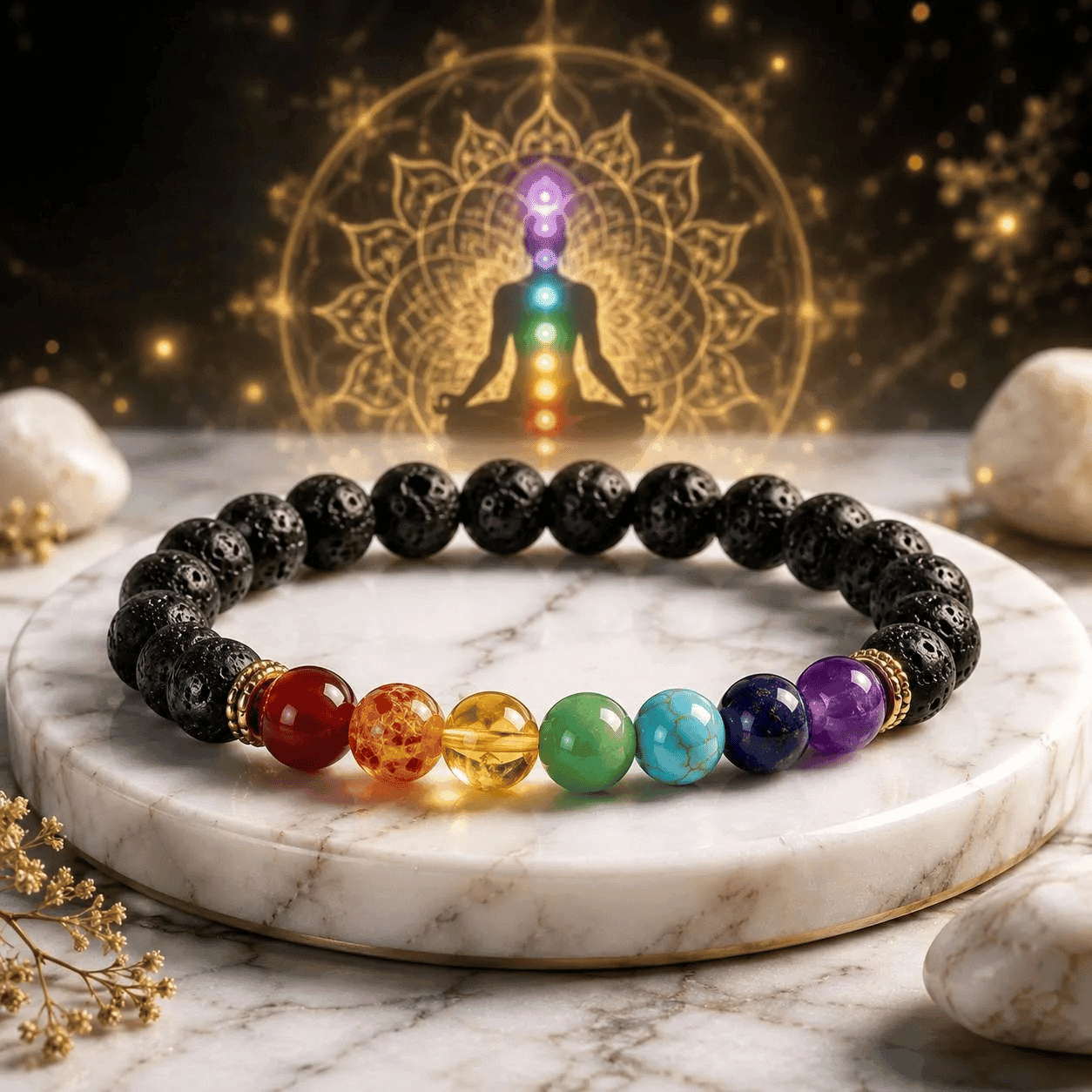 Untitled design (10) Natural 7 Chakra BraceleNatural 7 Chakra Bracelet on white marble with chakra meditation energy for healing, balance and spiritual wellness.t with lava stone and seven gemstone beads on white marble by Sawariya Gems for chakra balance.
