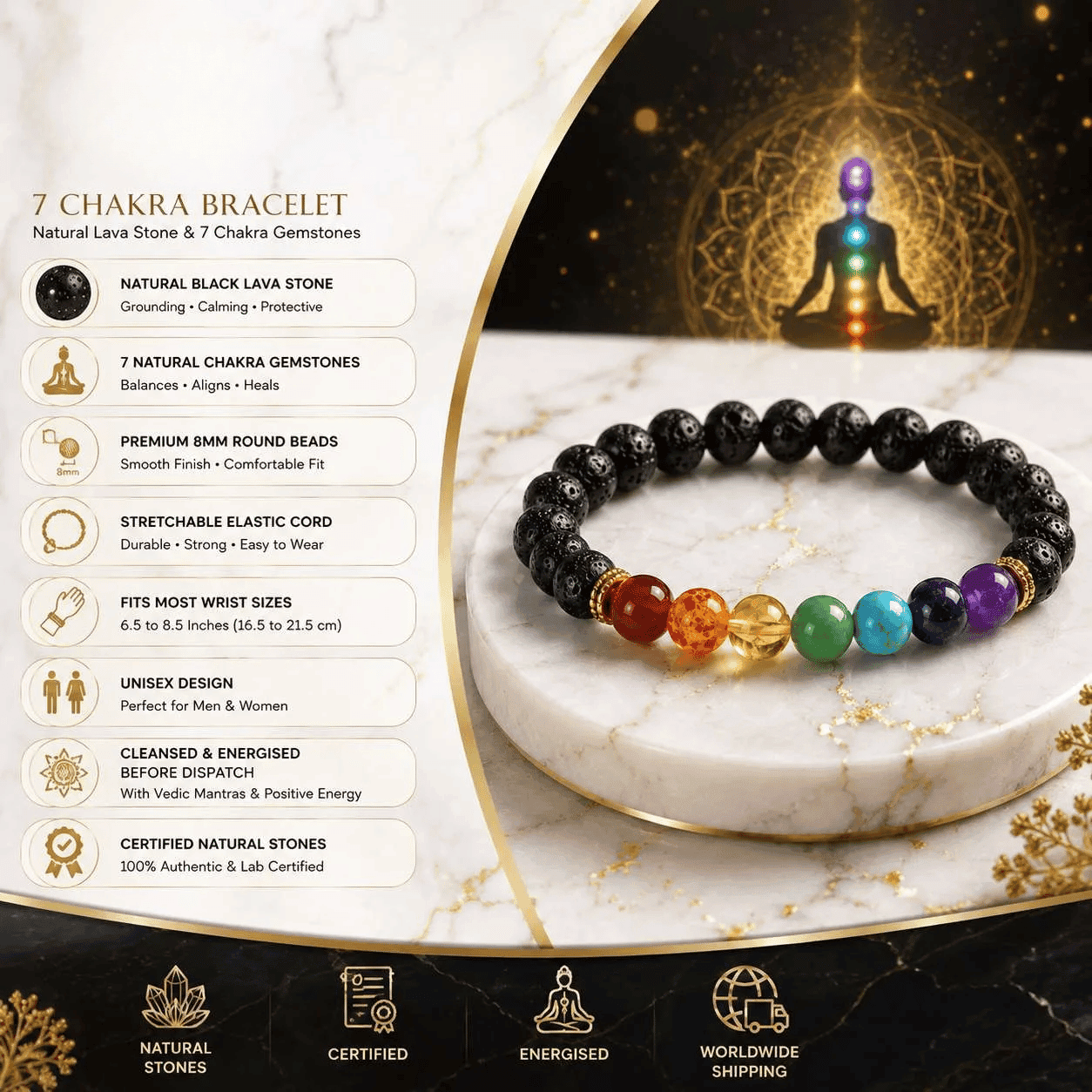 Untitled design (12) 7 Chakra Bracelet with natural lava stone, 8mm beads, stretchable cord, certified gemstones and Vedic mantra energised.