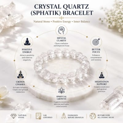 Crystal Quartz bracelet benefits infographic showing mental clarity, focus, positive energy, Crown Chakra and meditation support.