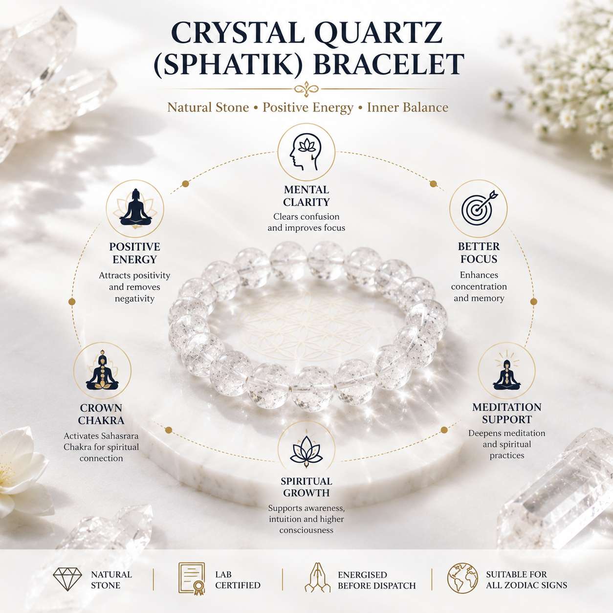 crystal-quartz-bracelet-benefits-infographic Crystal Quartz bracelet benefits infographic showing mental clarity, focus, positive energy, Crown Chakra and meditation support.