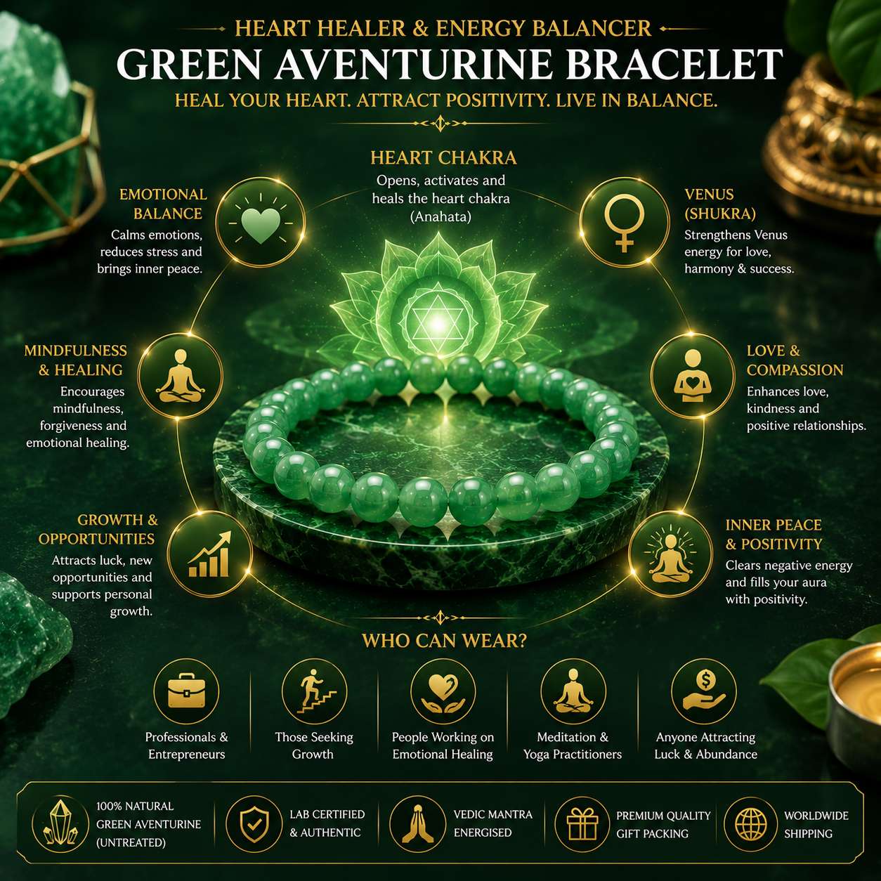 Green Aventurine Bracelet attracts luck, prosperity, career growth, confidence, positive energy and financial opportunities.