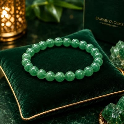 Premium Green Aventurine Bracelet with natural 8mm gemstone beads on a luxury emerald background for elegant product display.