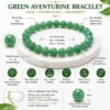 Green Aventurine Bracelet size guide showing 8mm natural beads, stretchable elastic, wrist size, bead count and unisex fit.