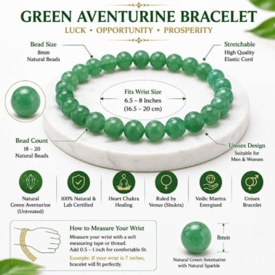 Green Aventurine Bracelet size guide showing 8mm natural beads, stretchable elastic, wrist size, bead count and unisex fit.