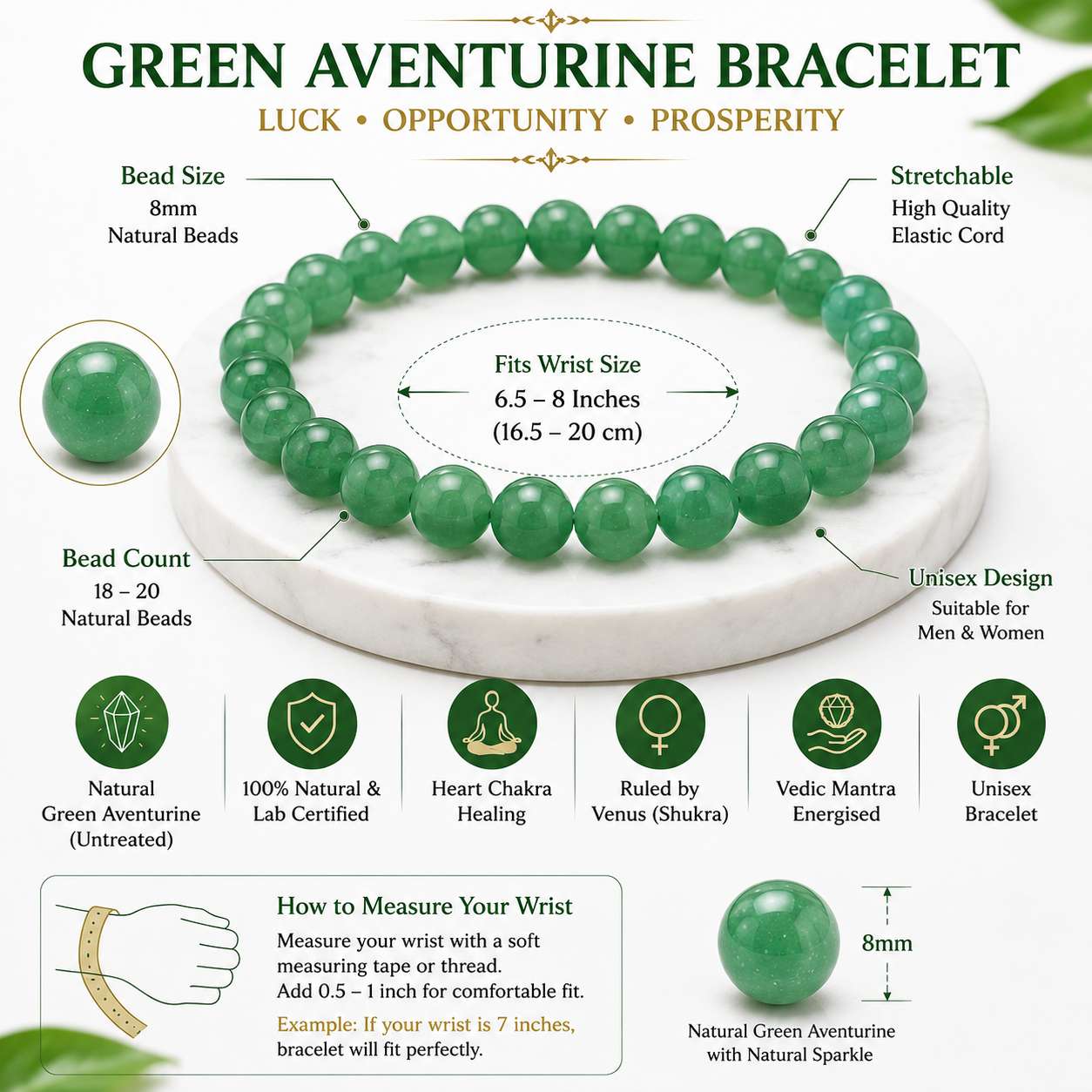 Green Aventurine Bracelet size guide showing 8mm natural beads, stretchable elastic, wrist size, bead count and unisex fit.
