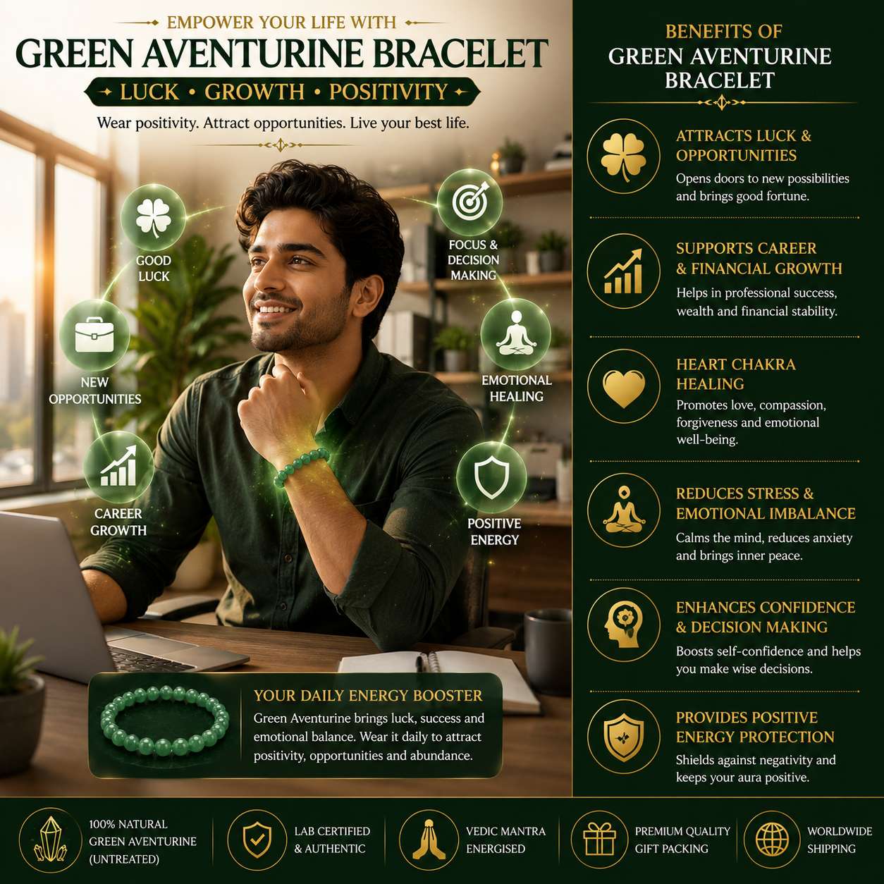 Person wearing Green Aventurine Bracelet for confidence, career success, emotional healing, luck and positive energy.