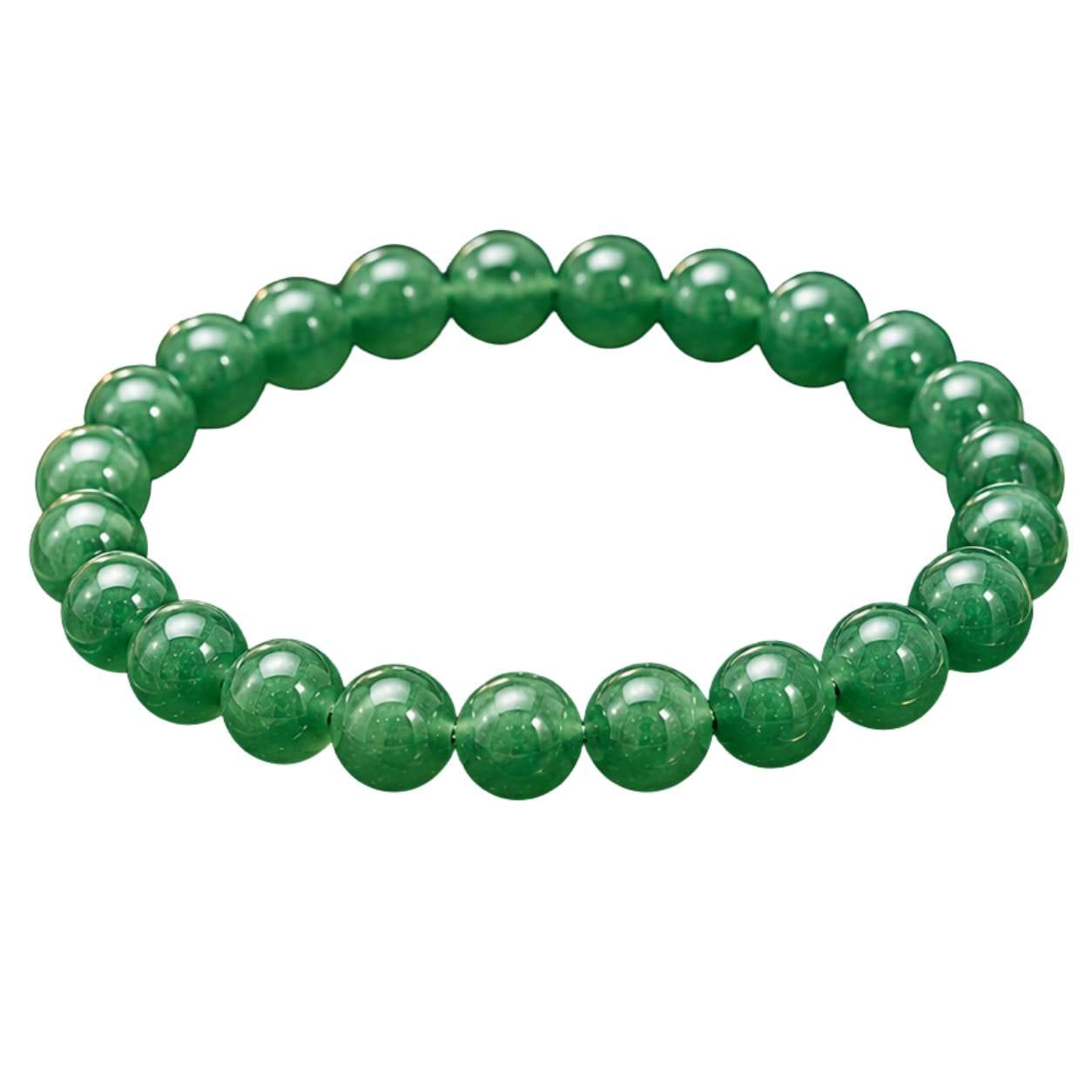 Natural Green Aventurine Bracelet with glossy 8mm gemstone beads on a clean white background for premium product photography.