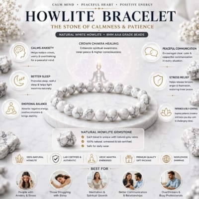 Natural Howlite Bracelet infographic showing stress relief, better sleep, emotional balance, Crown Chakra healing and calm mind.