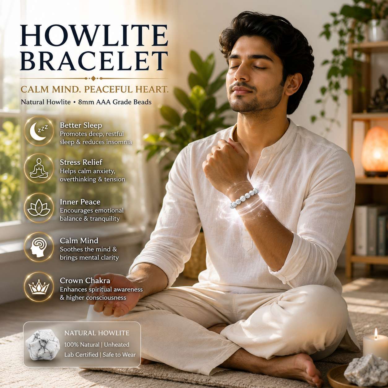 howlite-bracelet-meditation-healing-lifestyle Person wearing a Natural Howlite Bracelet during meditation for stress relief, better sleep, inner peace and emotional balance.