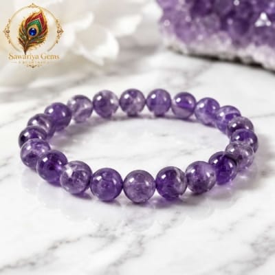 Natural Amethyst Bracelet with premium 8mm purple quartz beads, lab certified, Vedic mantra energised for calm, clarity and spiritual growth