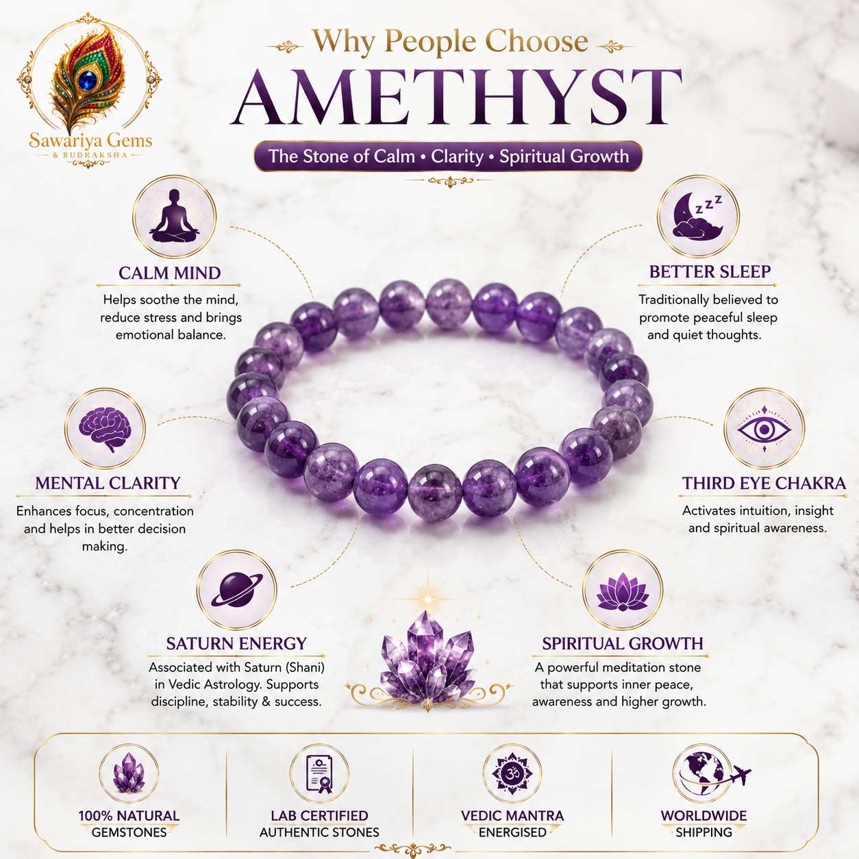 natural-amethyst-bracelet-benefits-infographic Natural Amethyst Bracelet infographic showing calm mind, better sleep, mental clarity, Third Eye Chakra activation and spiritual growth