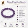 natural-amethyst-bracelet-specifications-8mm Natural Amethyst Bracelet specifications featuring 8mm beads, stretchable cord, lab certified, Shani gemstone and Third Eye Chakra support