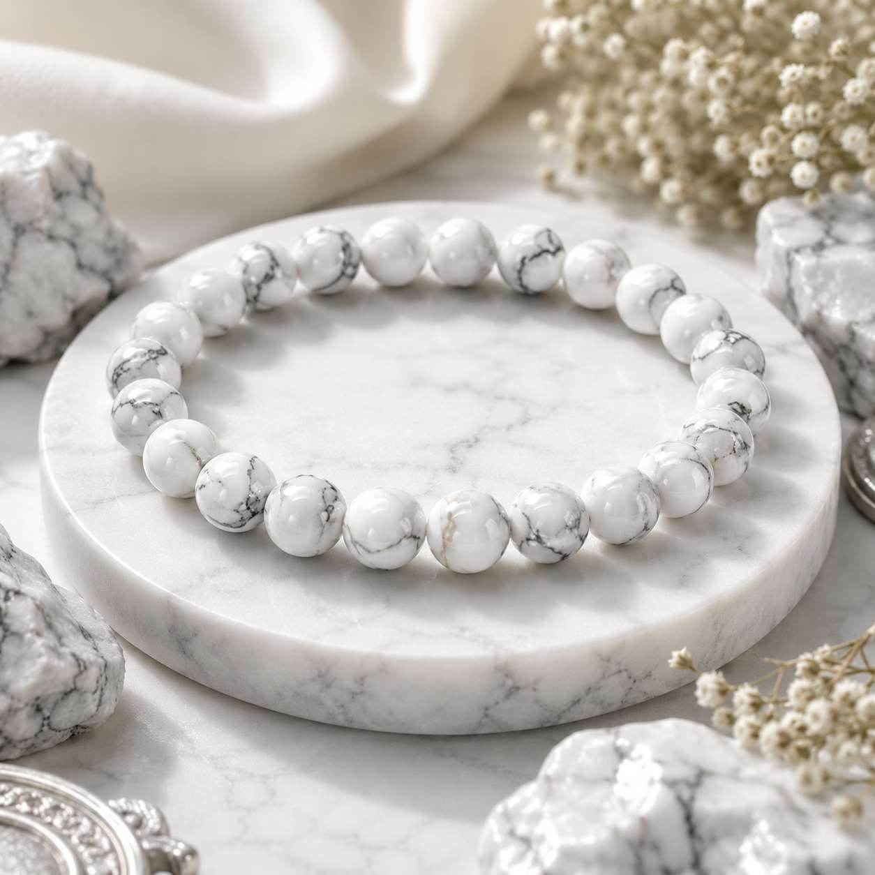 natural-howlite-bracelet-premium-product-display Premium Natural Howlite Bracelet with glossy white 8mm beads and natural grey veining on a luxury white marble background.