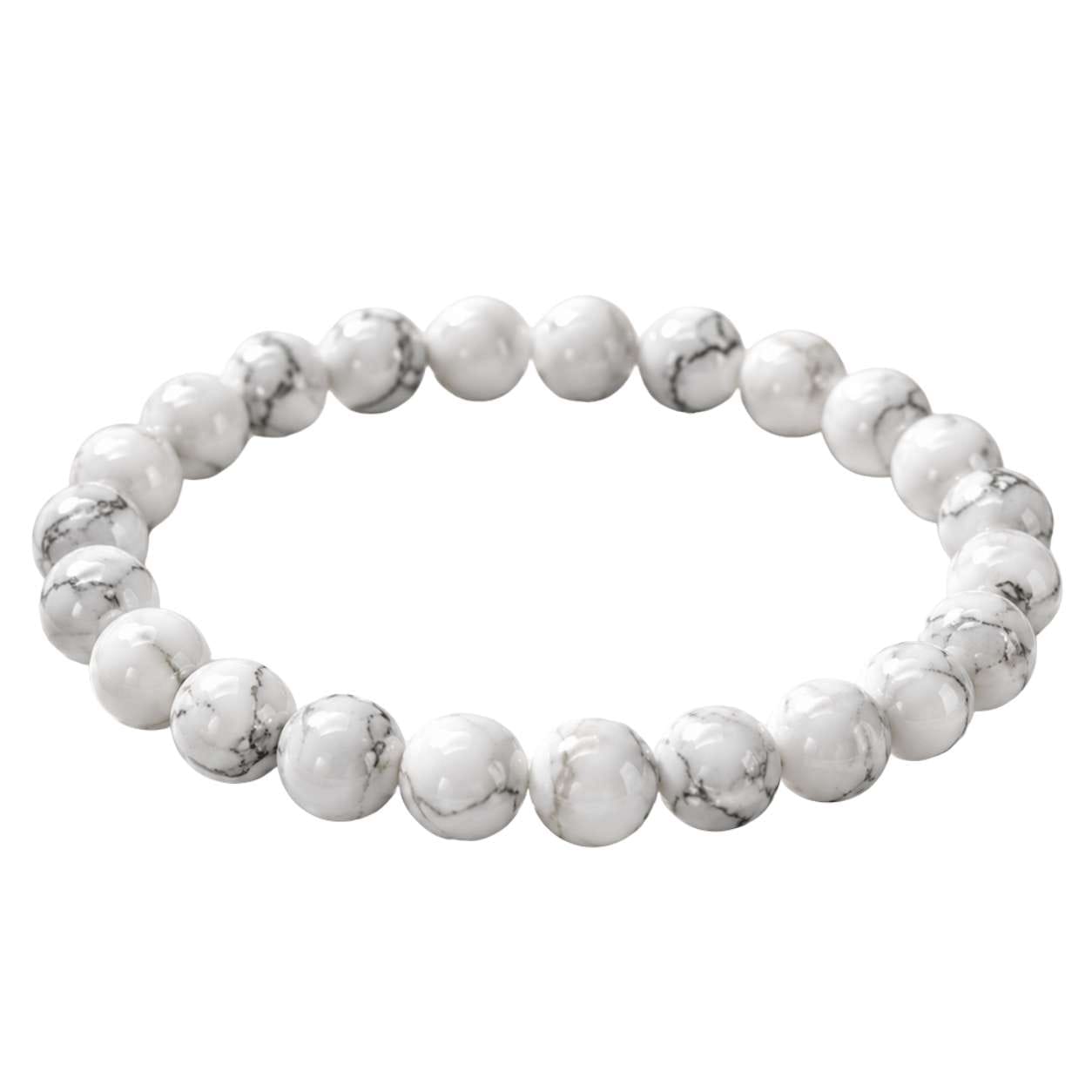 natural-howlite-bracelet-white-background Natural Howlite Bracelet with polished 8mm white gemstone beads and grey marble veining on a clean white background.