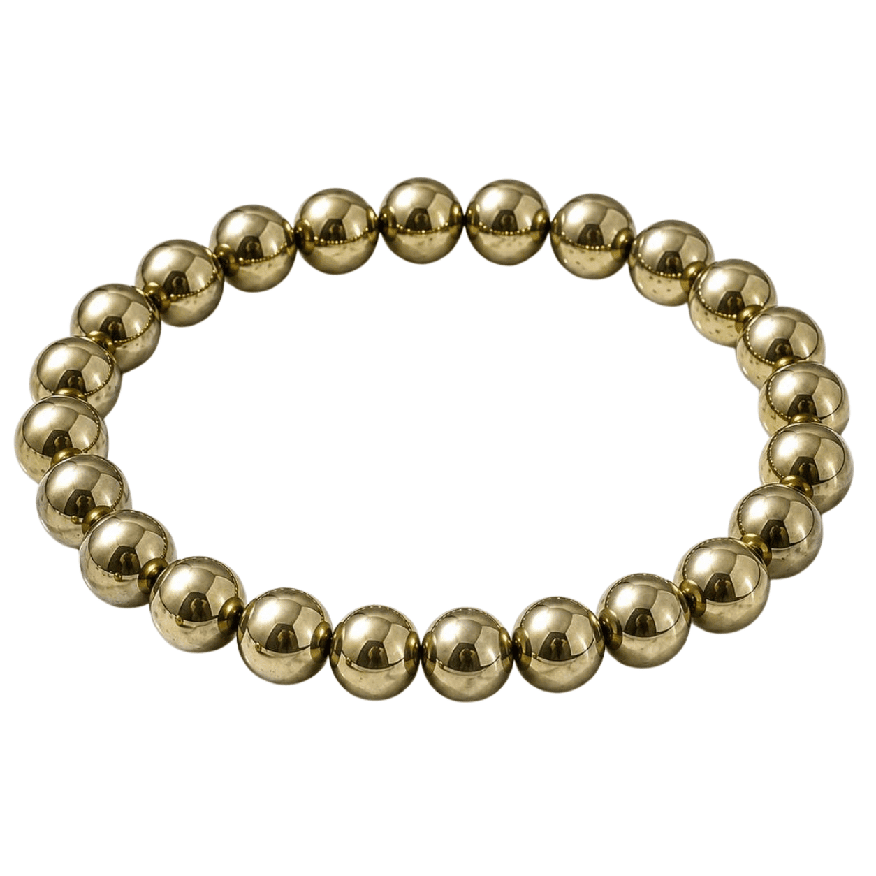 Premium 8mm Natural Pyrite Bracelet with polished golden metallic beads for wealth, confidence and positive energy.