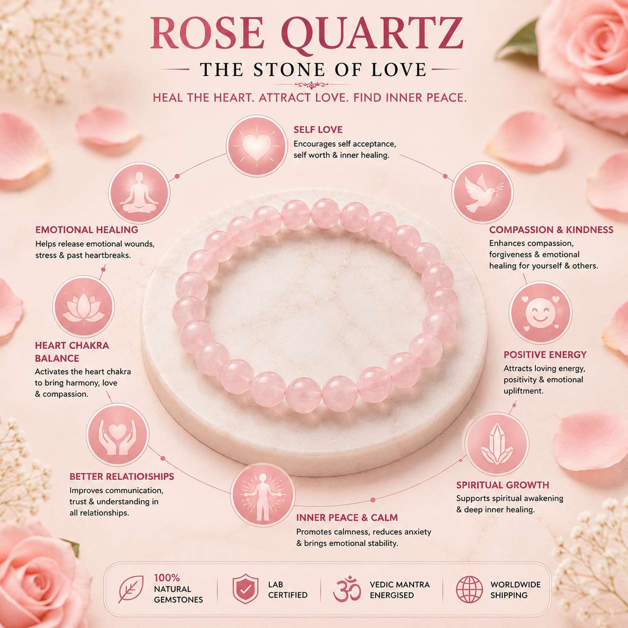rose-quartz-bracelet-benefits-love-healing-infographic Rose Quartz Bracelet infographic highlighting self-love, emotional healing, heart chakra balance and positive energy benefits.