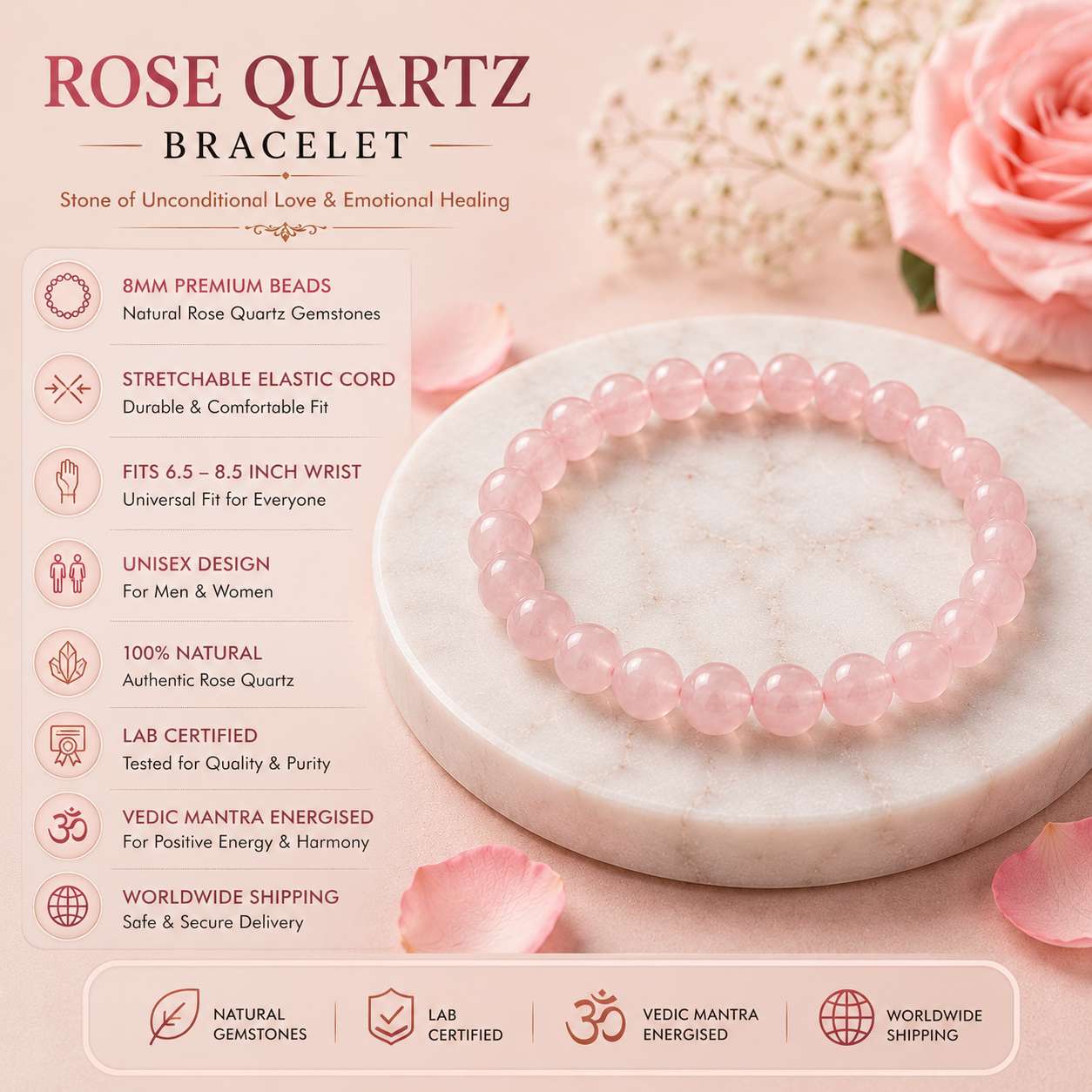 rose-quartz-bracelet-specifications-8mm-natural-gemstone Original Rose Quartz Bracelet with 8mm natural gemstone beads, stretchable cord, lab certified and Vedic mantra energised.