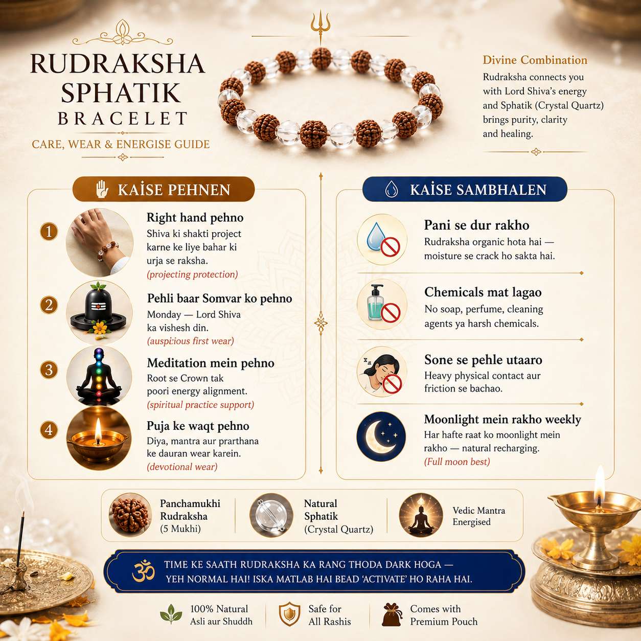 Rudraksha Sphatik Bracelet care guide with wear tips, storage instructions and spiritual maintenance information.