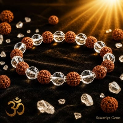 Premium Rudraksha Sphatik Bracelet with Panchamukhi Rudraksha and clear Quartz beads in a divine spiritual setting.