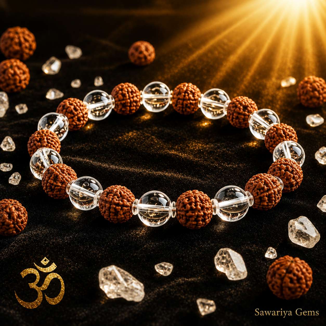 Premium Rudraksha Sphatik Bracelet with Panchamukhi Rudraksha and clear Quartz beads in a divine spiritual setting.