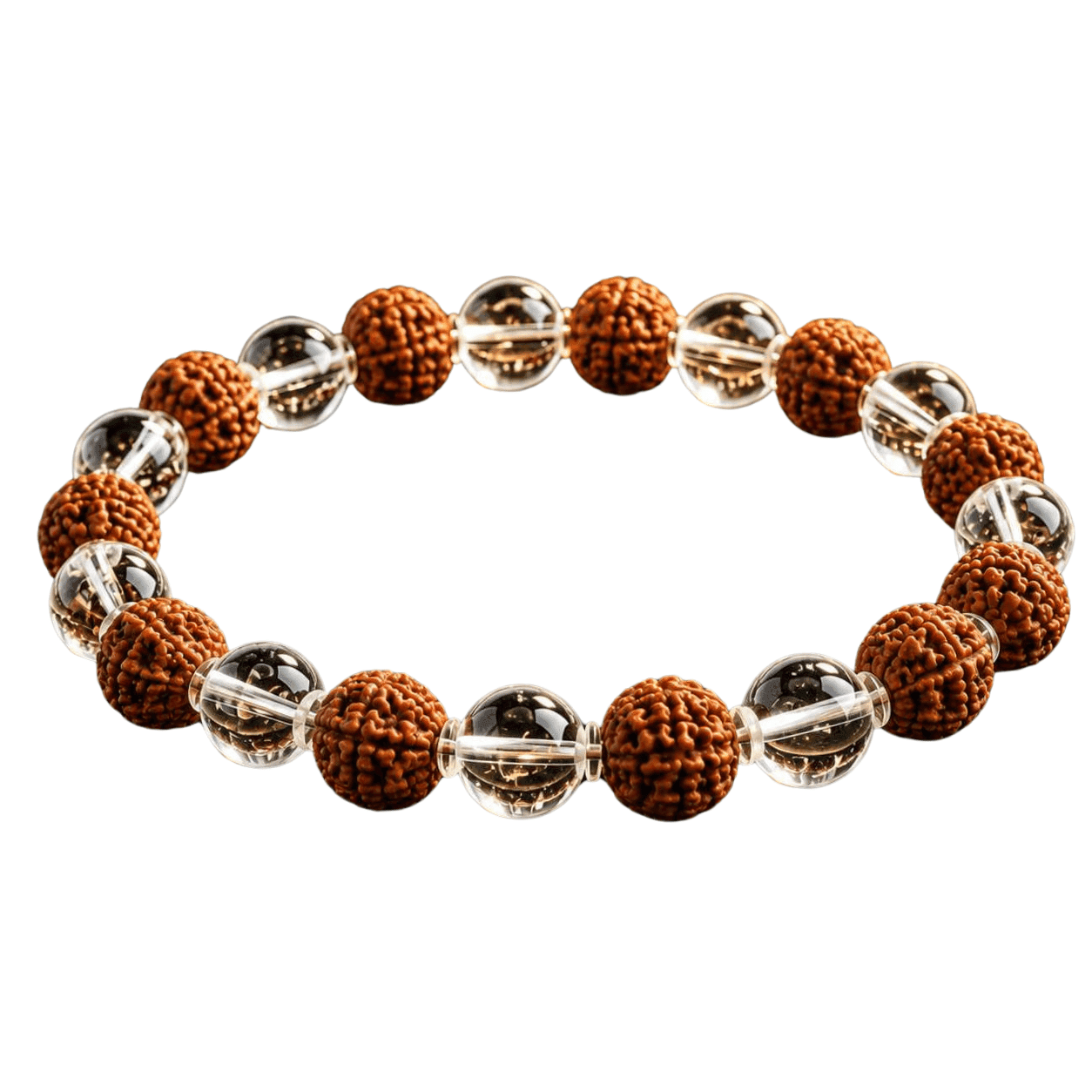 Natural Rudraksha Sphatik Bracelet with 8mm Panchamukhi Rudraksha and clear Crystal Quartz beads for spiritual healing.