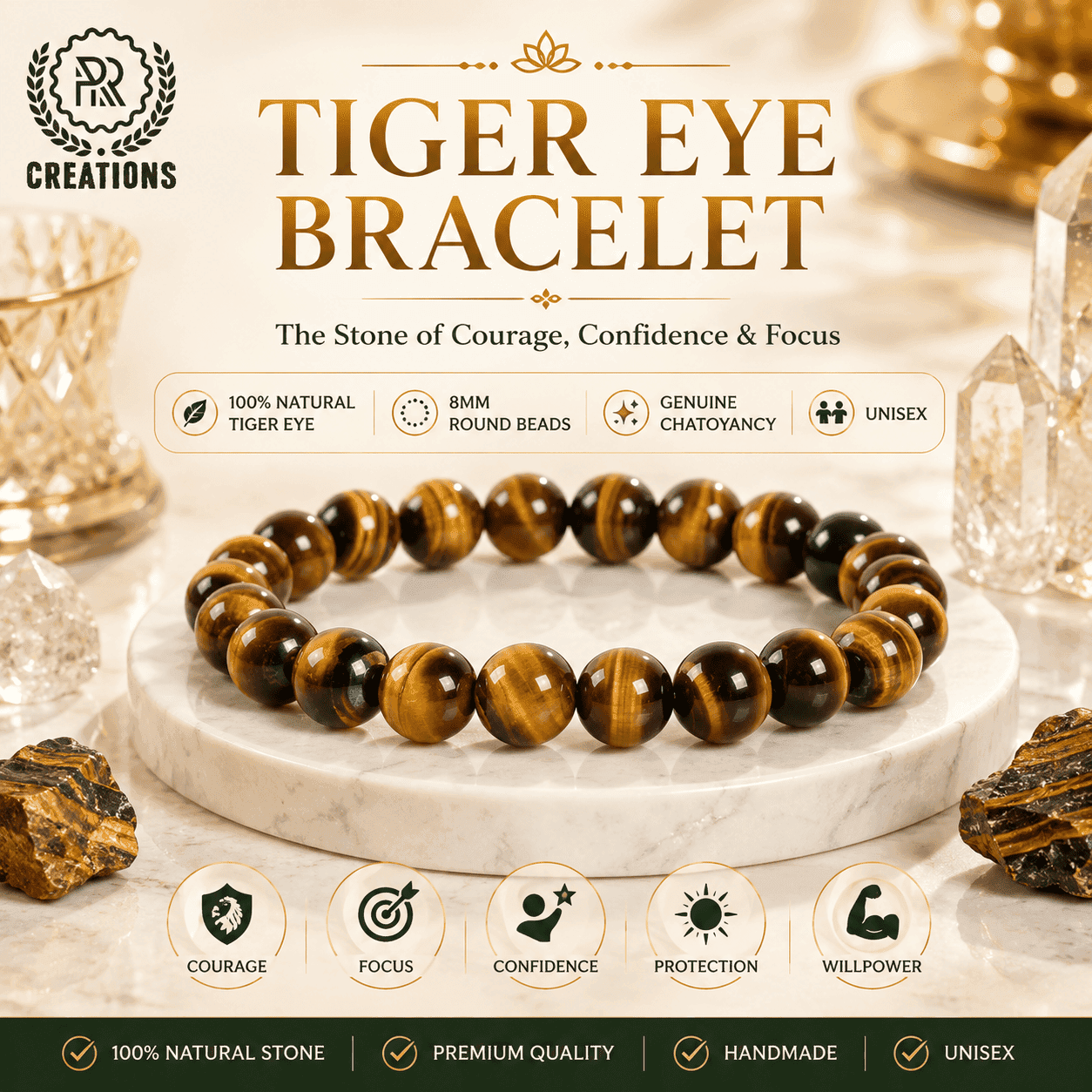 tiger-eye-bracelet-natural-courage-confidence-focus Natural Tiger Eye Bracelet with 8mm beads, genuine chatoyancy, boosting courage, confidence, focus and protection.