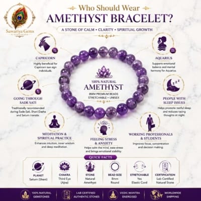 Natural Amethyst Bracelet for Capricorn, Aquarius, Sade Sati, meditation, students, professionals and stress relief with 8mm beads