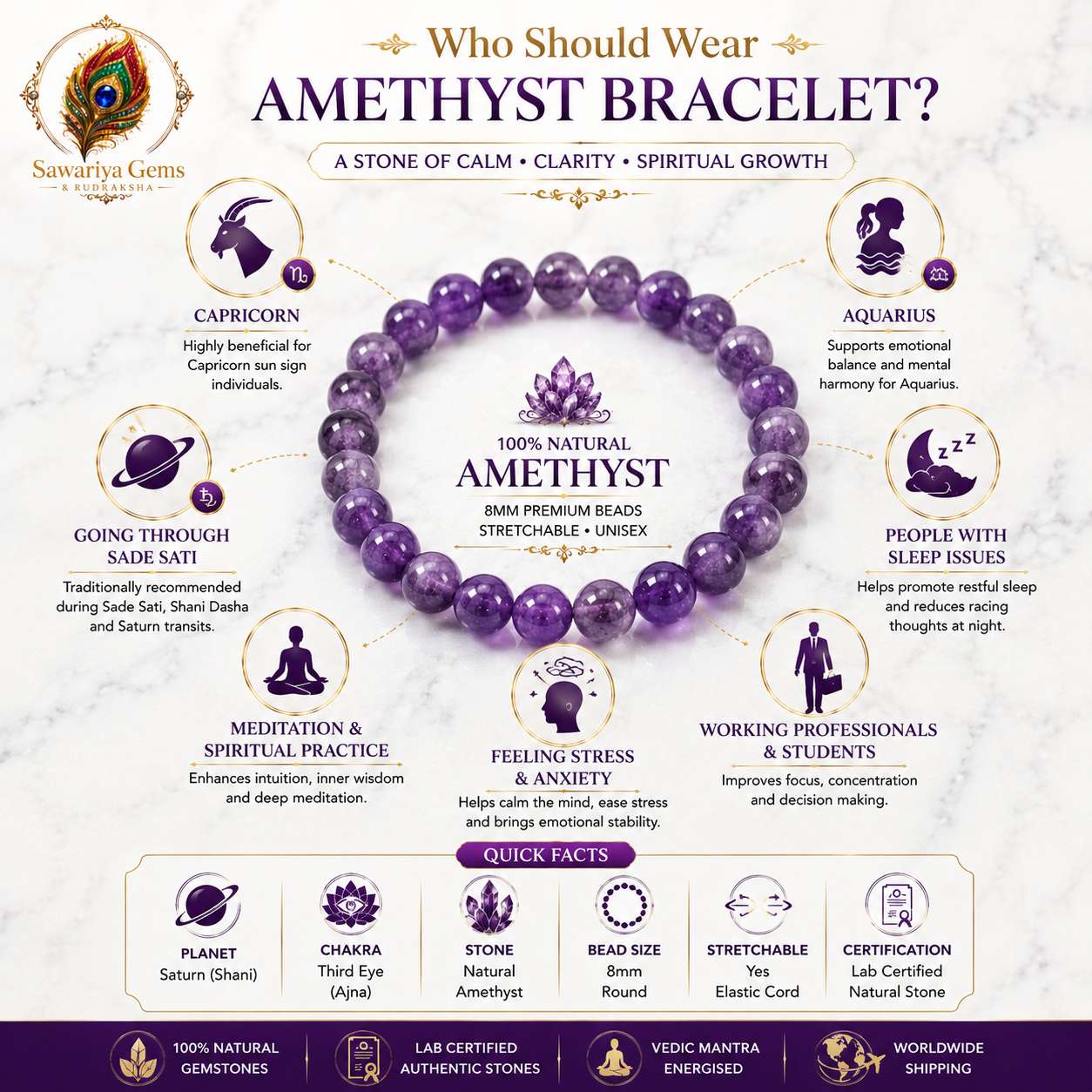 who-should-wear-natural-amethyst-bracelet Natural Amethyst Bracelet for Capricorn, Aquarius, Sade Sati, meditation, students, professionals and stress relief with 8mm beads