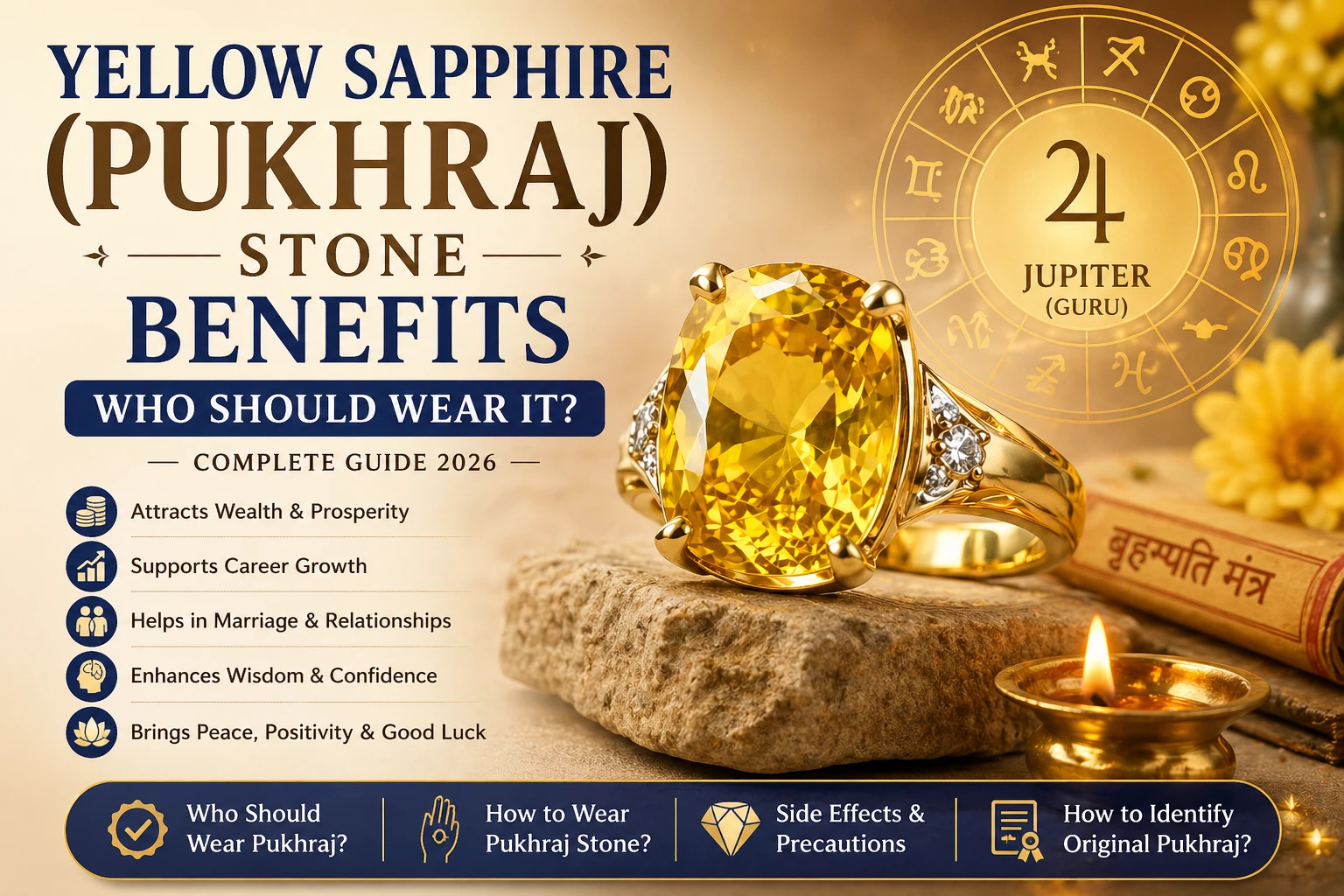 Yellow Sapphire Pukhraj ring image showing benefits, Jupiter connection, wealth, career growth, and marriage support