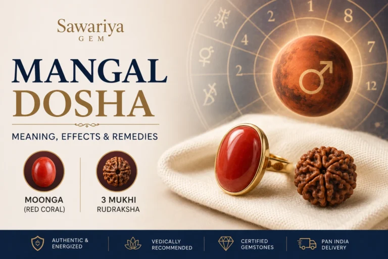 Mangal Dosha infographic featuring Mars, Red Coral (Moonga), and 3 Mukhi Rudraksha with Vedic astrology remedy guidance.