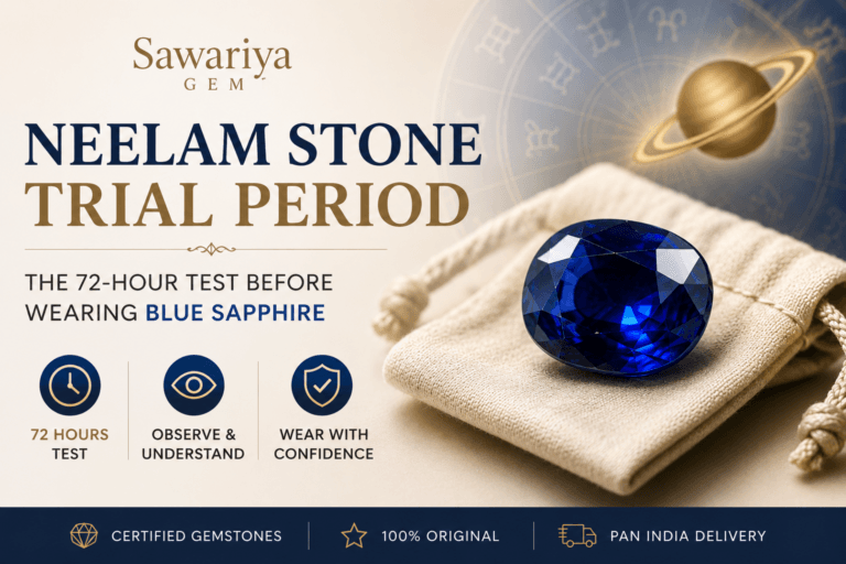 Neelam stone trial period guide showing a natural Blue Sapphire, Saturn symbolism, and the 72-hour compatibility test process.