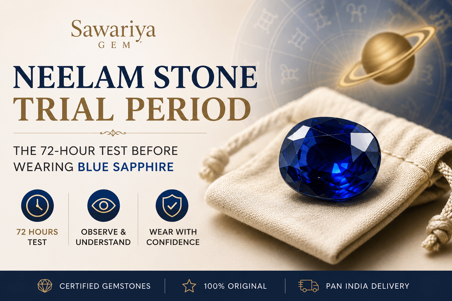 Neelam stone trial period guide showing a natural Blue Sapphire, Saturn symbolism, and the 72-hour compatibility test process.