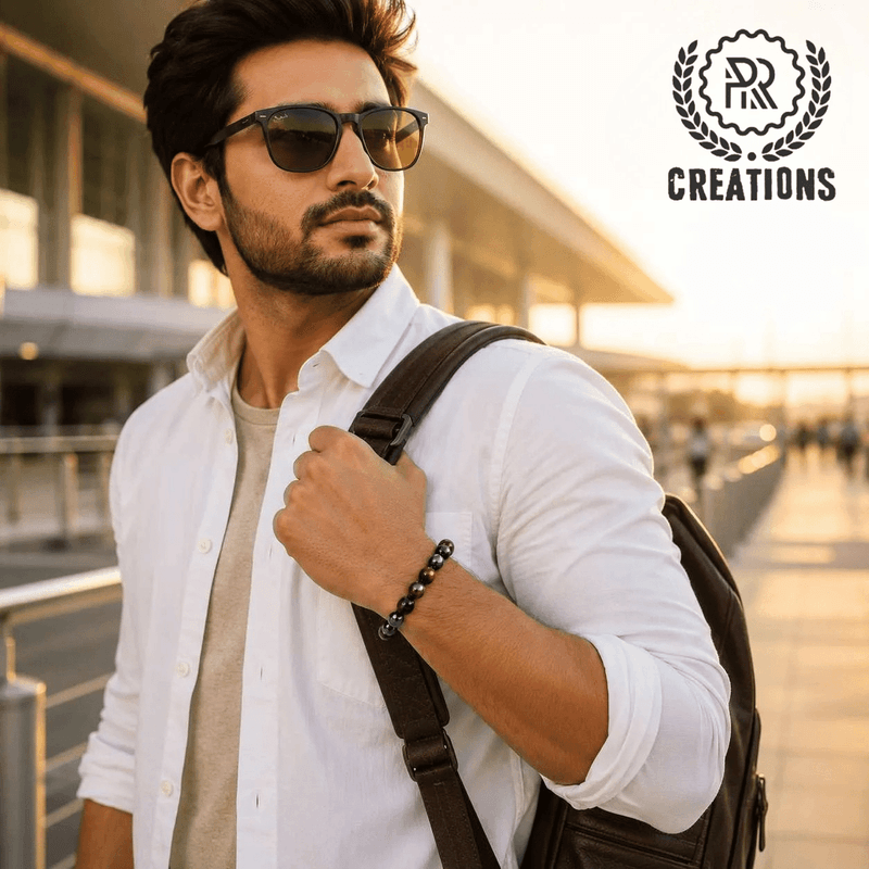 T-P-2 Indian man wearing Triple Protection Bracelet with Black Tourmaline, Hematite & Tiger Eye for daily protection and confidence.