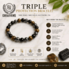 T-P-3 Triple Protection Bracelet infographic showing benefits, lab certified natural gemstones and Vedic mantra energised protection.