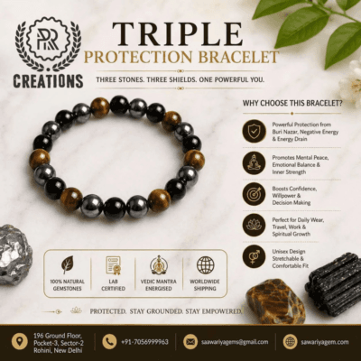 Triple Protection Bracelet infographic showing benefits, lab certified natural gemstones and Vedic mantra energised protection.