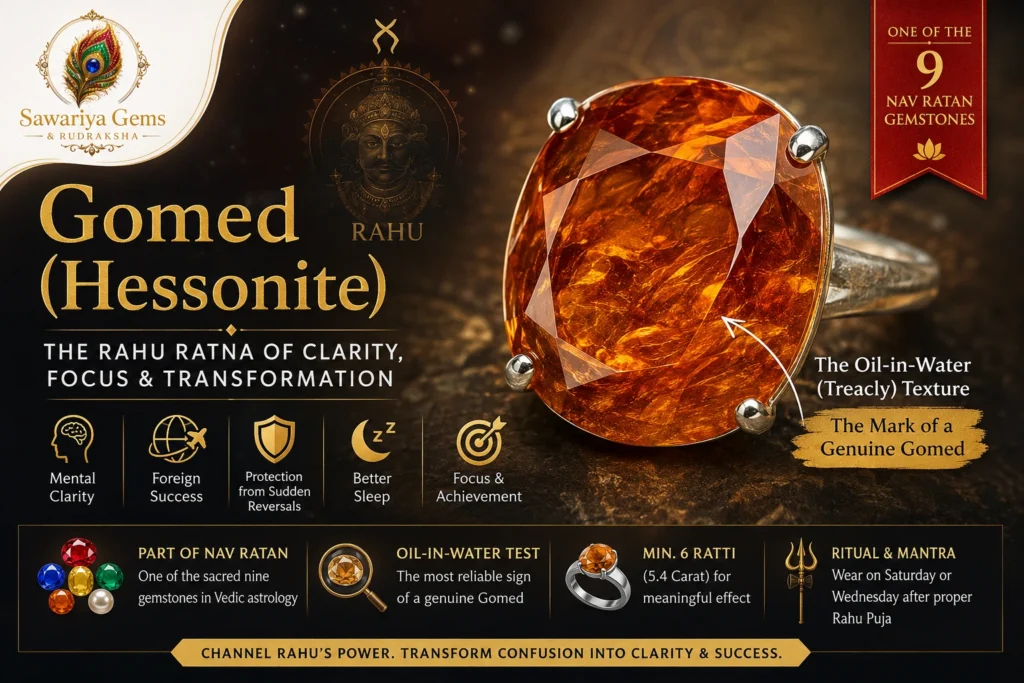 Gomed Hessonite gemstone for Rahu with oil-in-water texture, benefits, wearing guide, and authenticity test by Sawariya Gems.
