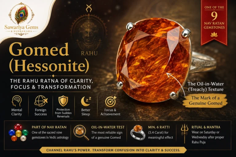 Gomed Hessonite gemstone for Rahu with oil-in-water texture, benefits, wearing guide, and authenticity test by Sawariya Gems.
