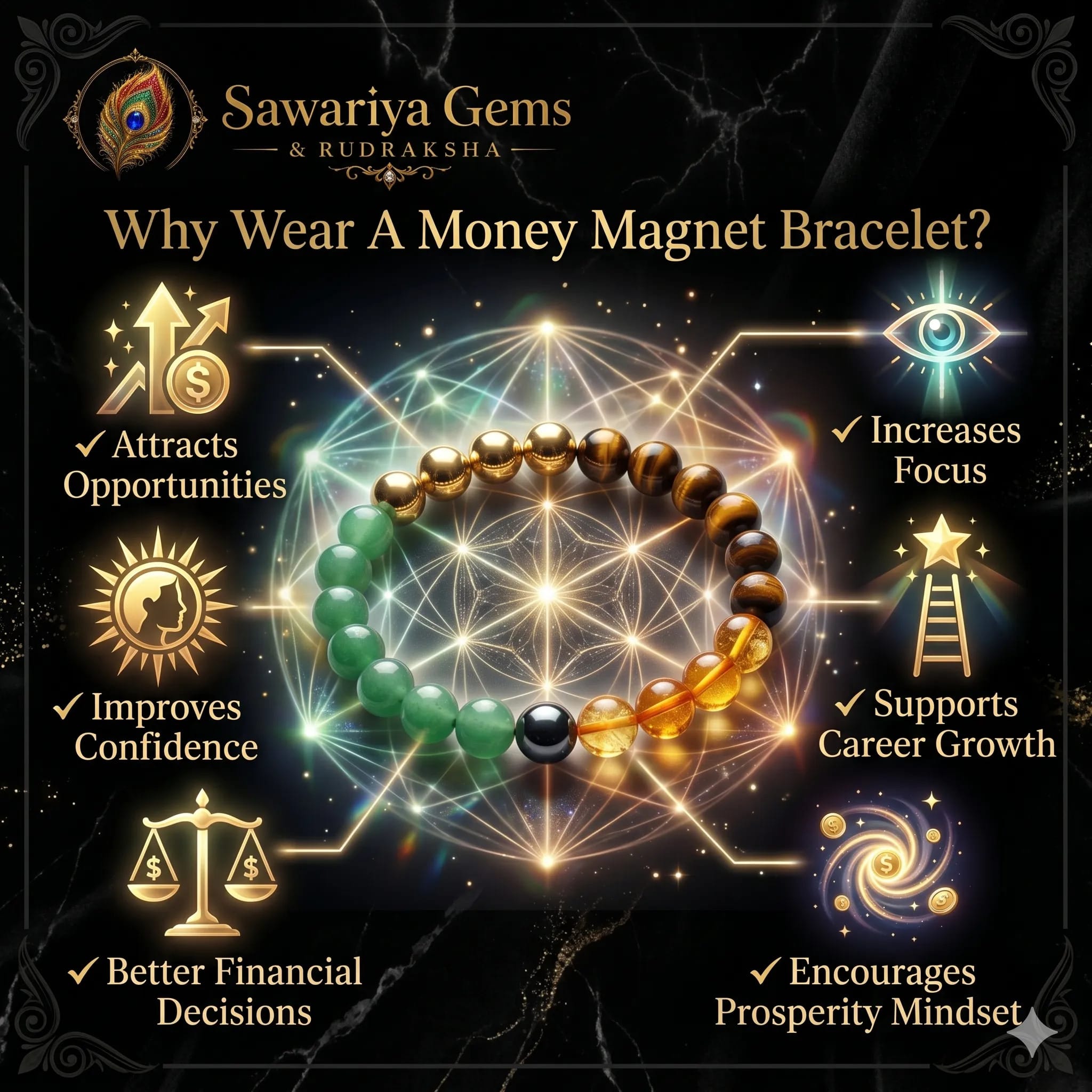 money-magnet-bracelet-benefits-infographic Money Magnet Bracelet benefits include confidence, focus, opportunity, prosperity mindset and career growth support.