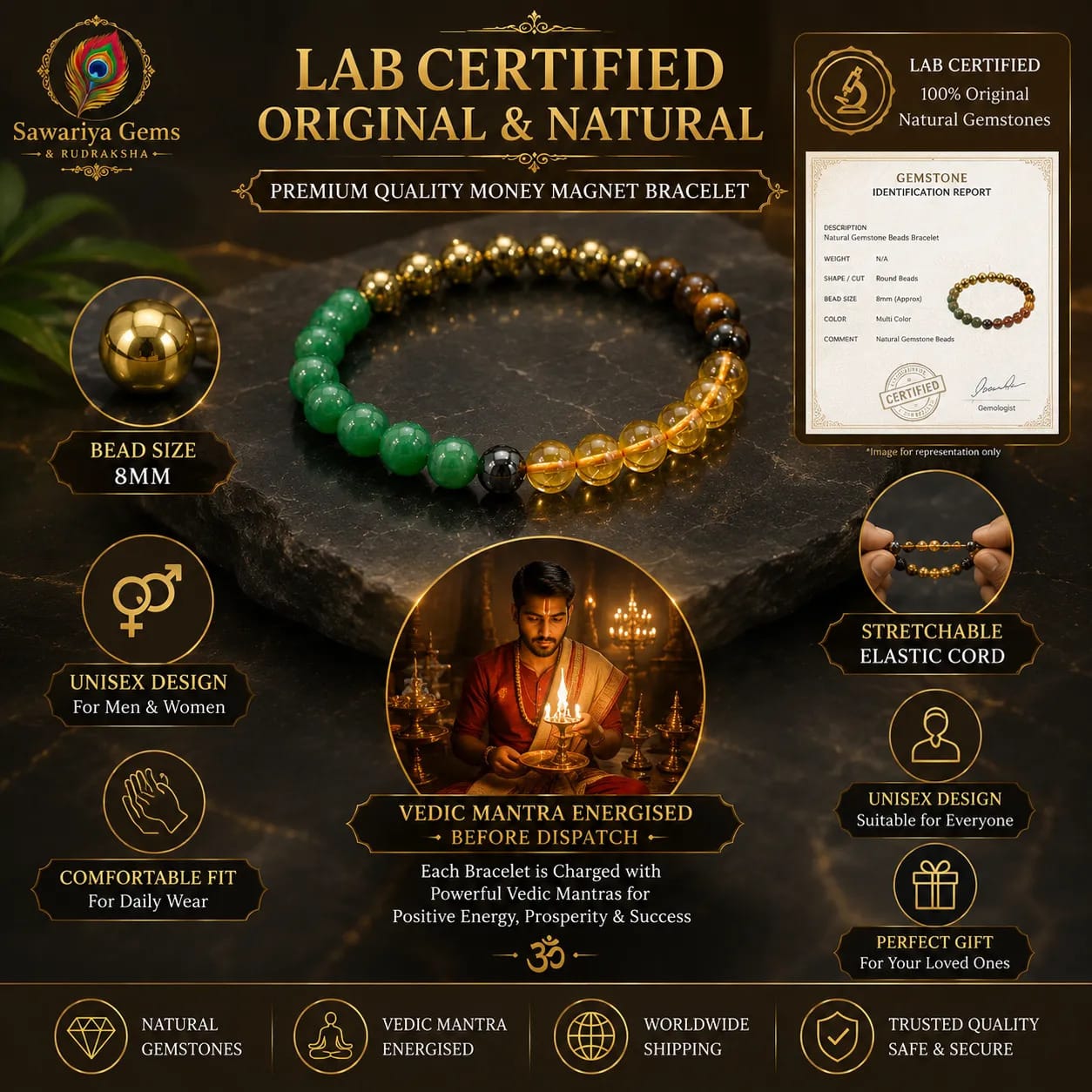 money-magnet-bracelet-lab-certified-natural-gemstones Money Magnet Bracelet with natural gemstones, lab certified beads, 8mm size, unisex design and Vedic mantra energised.