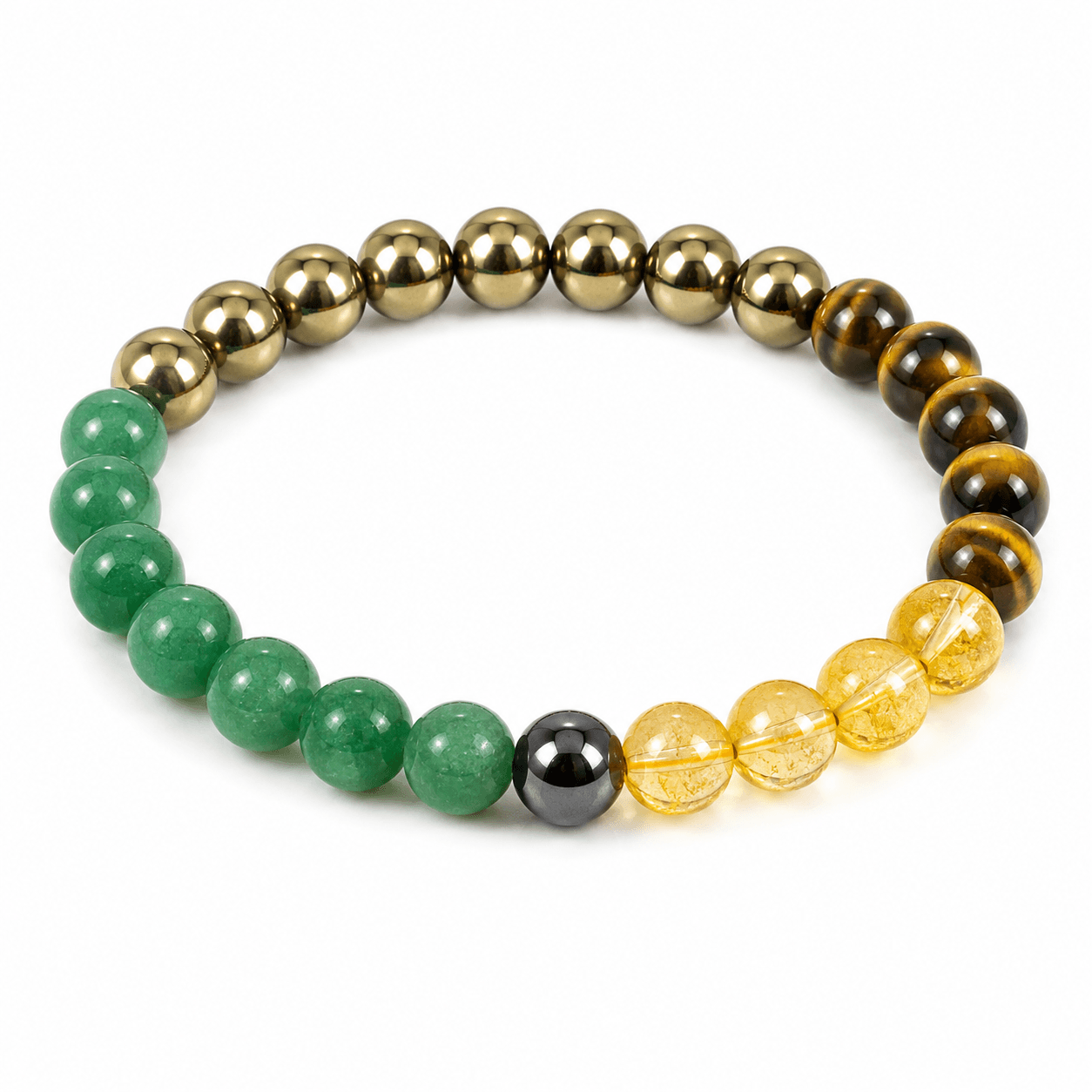 money-magnet-bracelet-white-background-sawariya-gems Money Magnet Bracelet with Natural Green Aventurine, Tiger Eye, Pyrite, Hematite and Citrine Beads on White Background