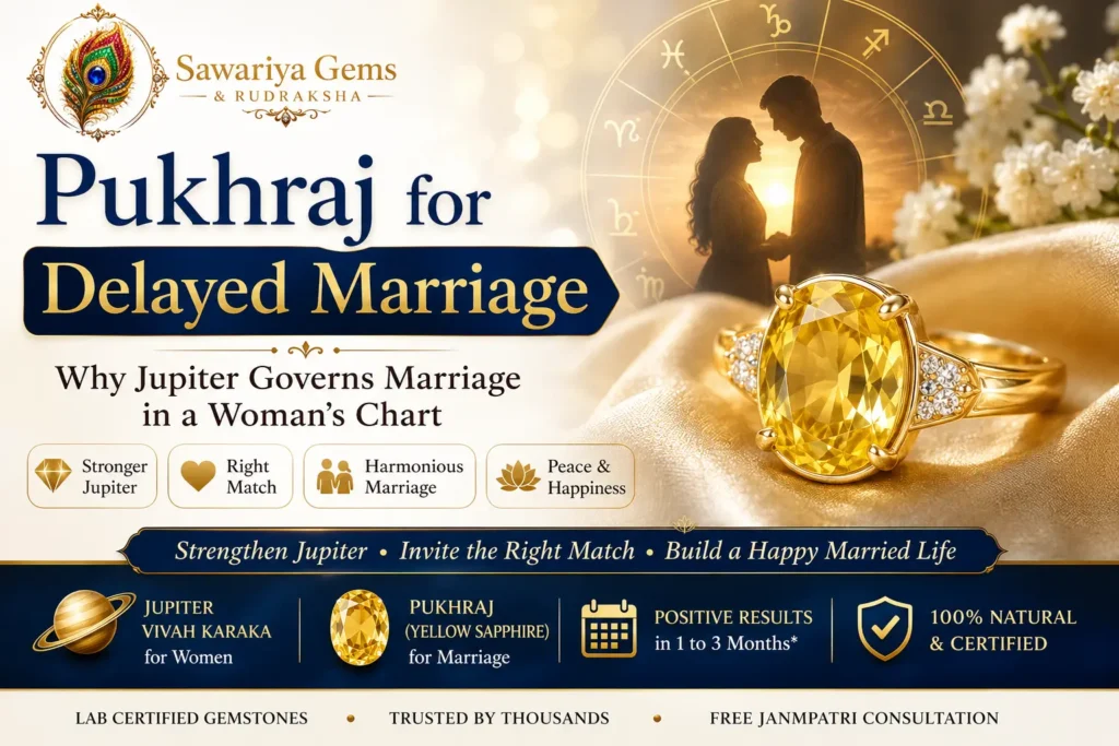 Pukhraj for delayed marriage guide featuring Yellow Sapphire, Jupiter astrology, women's marriage remedy and certified gemstone.