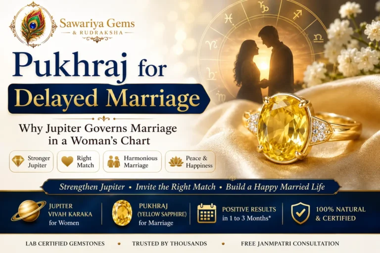 Pukhraj for delayed marriage guide featuring Yellow Sapphire, Jupiter astrology, women's marriage remedy and certified gemstone.