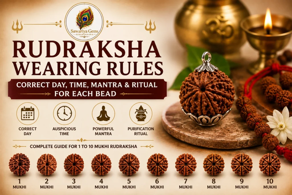 Rudraksha Wearing Rules guide showing correct day, time, mantra, purification ritual, and 1 to 10 Mukhi Rudraksha beads.