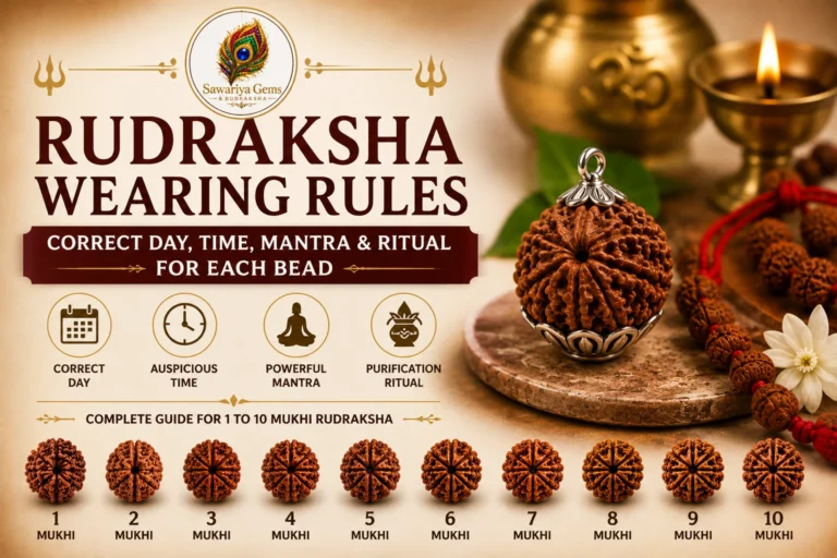 Rudraksha Wearing Rules guide showing correct day, time, mantra, purification ritual, and 1 to 10 Mukhi Rudraksha beads.