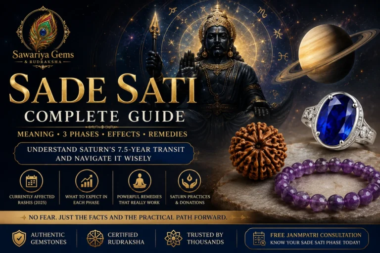 Sade Sati complete guide featuring Shani Dev, Saturn, Neelam ring, Rudraksha and Amethyst remedies for Saturn's 7.5-year transit