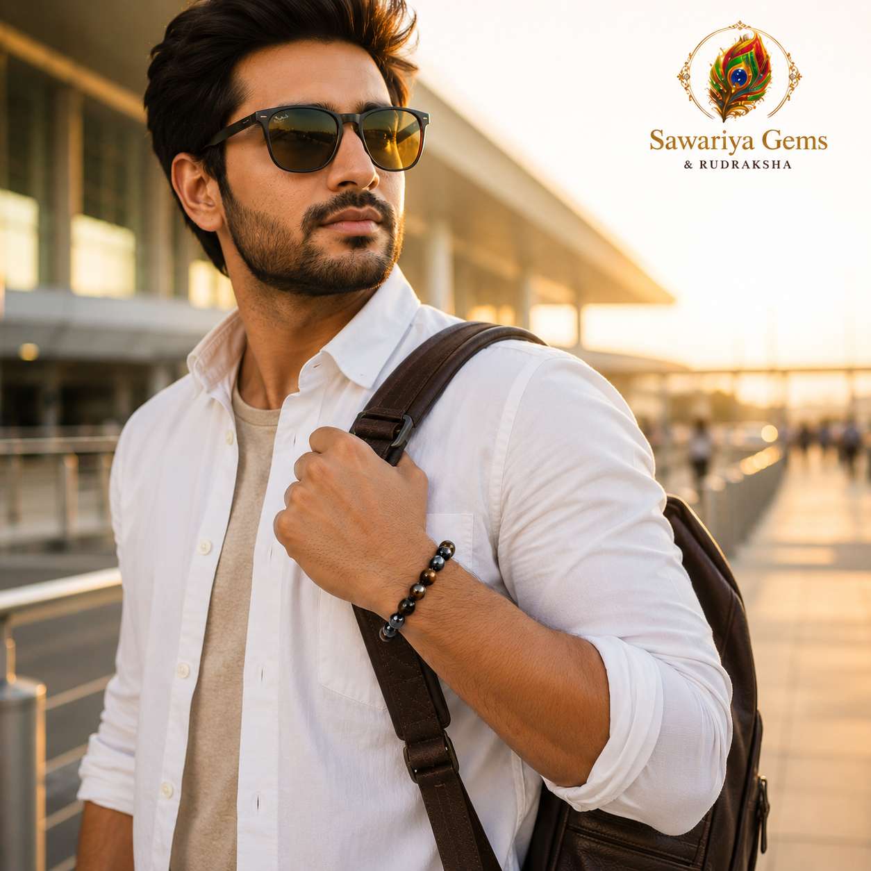 triple-protection-bracelet-mens-lifestyle Indian man wearing Triple Protection Bracelet with Black Tourmaline, Hematite & Tiger Eye for daily protection and confidence.