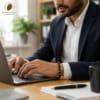 triple-protection-bracelet-office-wear Professional wearing natural Triple Protection Bracelet while working, featuring Black Tourmaline, Hematite and Tiger Eye.