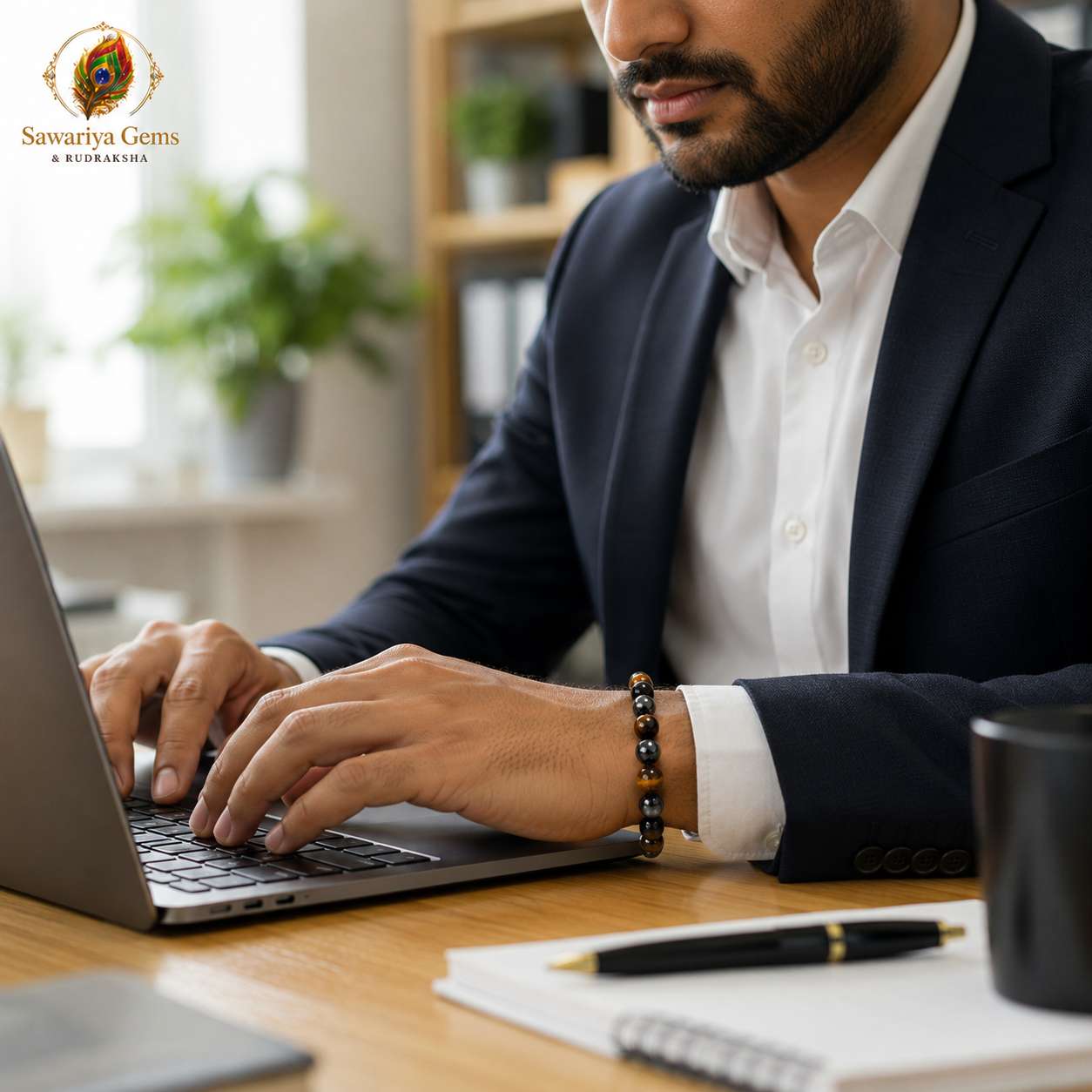 triple-protection-bracelet-office-wear Professional wearing natural Triple Protection Bracelet while working, featuring Black Tourmaline, Hematite and Tiger Eye.